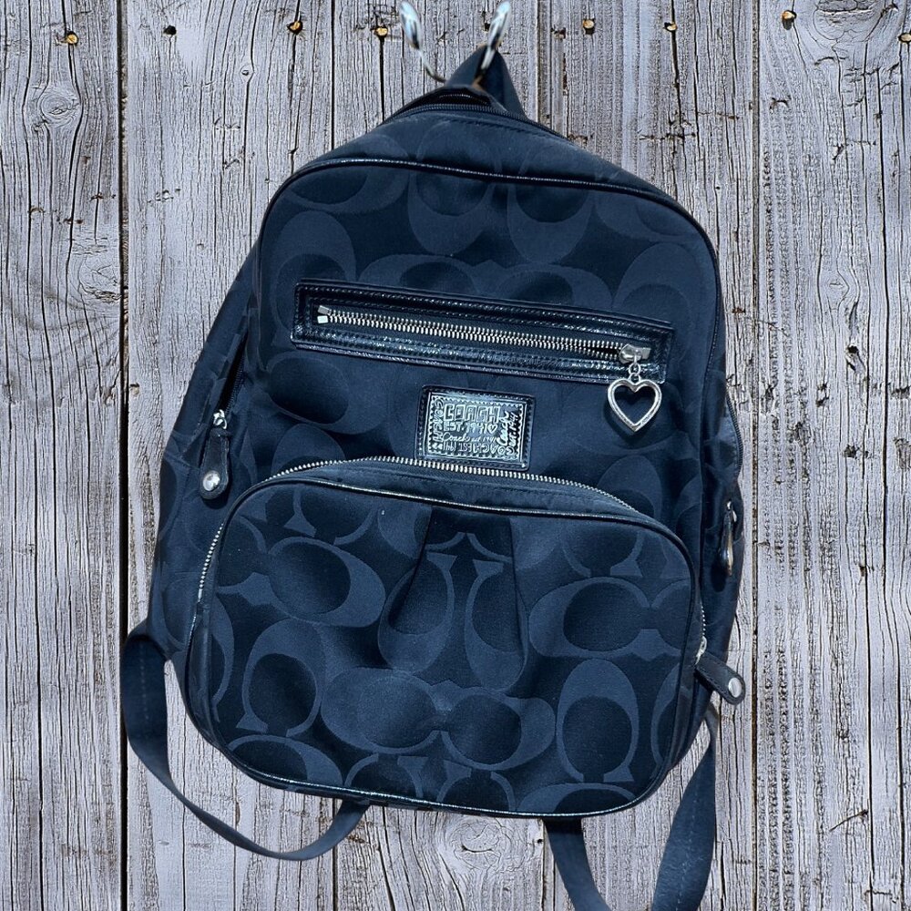 Coach Poppy Backpack, black with patent leather and silver accents